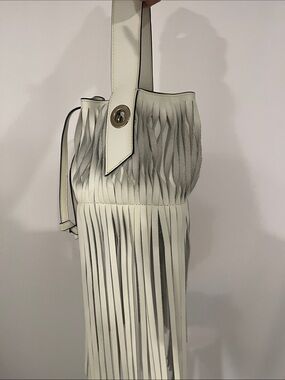 White Fringed Leather Mini Shoulder Bag